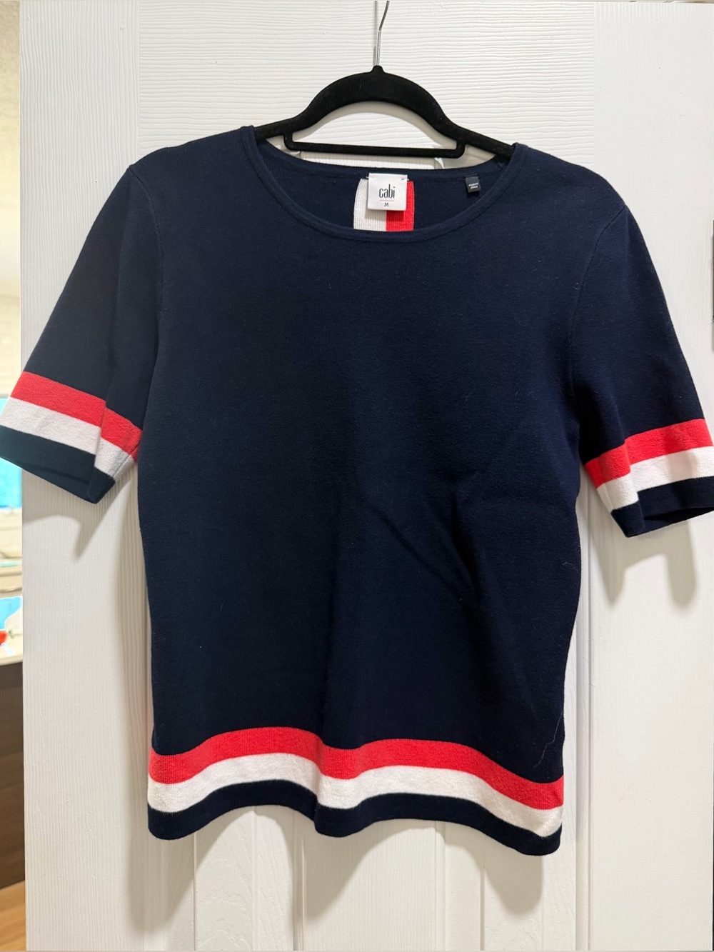 Like New CAbi Navy Short Sleeve Sweater with Red & White Neck Stripe size M